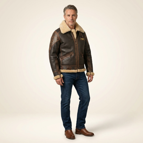 Men's brown leather aviator jacket with shearling collar and cuffs, zip front pockets