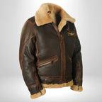 Brown leather flight jacket with tan fur-lined collar and front zipper
