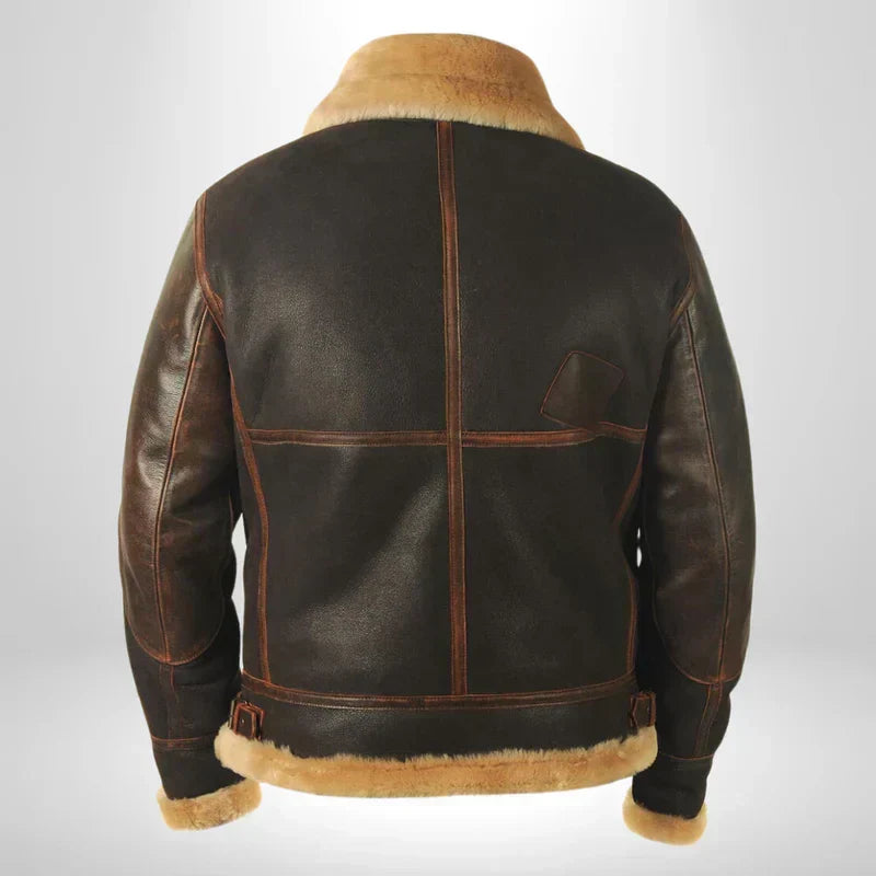 Brown leather flight jacket with fur-trim hem and paneled back design