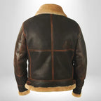 Brown leather flight jacket with fur-trim hem and paneled back design