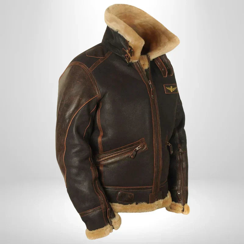 Brown leather flight jacket with tan fur-lined collar and utility chest pockets