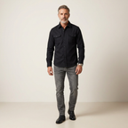 Men's black long-sleeve button-down overshirt with chest pockets, relaxed fit