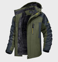 Men's waterproof fleece jacket with hood, green and dark panels, zip front