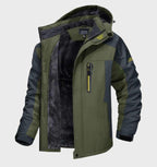 Men's waterproof fleece jacket with hood, green and dark panels, zip front