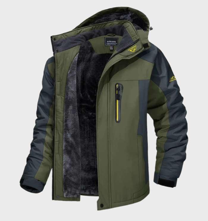 Men's waterproof fleece jacket with hood, green and dark panels, zip front