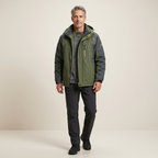 Men's hooded full-zip fleece jacket, olive with dark gray panels, two front pockets