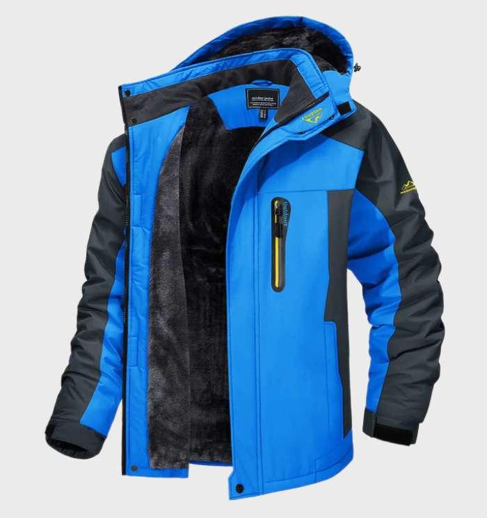 Men's waterproof fleece jacket with hood, blue and dark panels, zip front