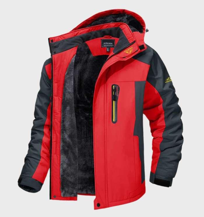 Men's waterproof fleece jacket with hood, red and dark panels, zip front