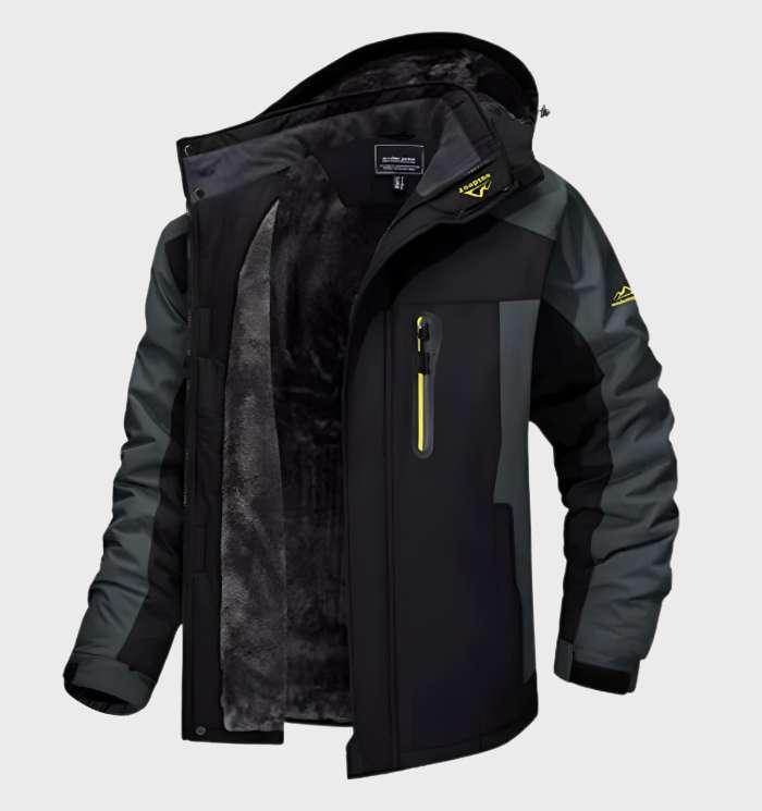 Men's waterproof fleece jacket with hood, black and dark panels, zip front