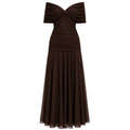Brown off-shoulder pleated maxi dress with draped neckline and gathered bodice, sleeveless