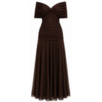 Brown off-shoulder pleated maxi dress with draped neckline and gathered bodice, sleeveless