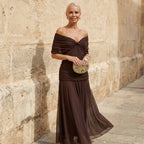 Brown off-shoulder draped maxi dress with ruched bodice and gathered pleated skirt