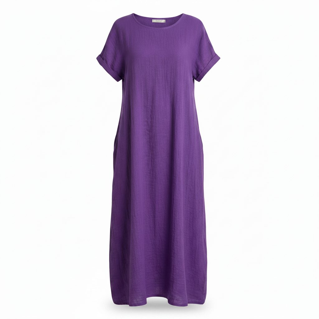 Women’s long linen-cotton dress, short sleeves, round neckline, purple, A-line hem