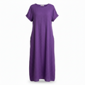 Women’s long linen-cotton dress, short sleeves, round neckline, purple, A-line hem