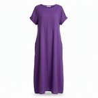 Women’s long linen-cotton dress, short sleeves, round neckline, purple, A-line hem