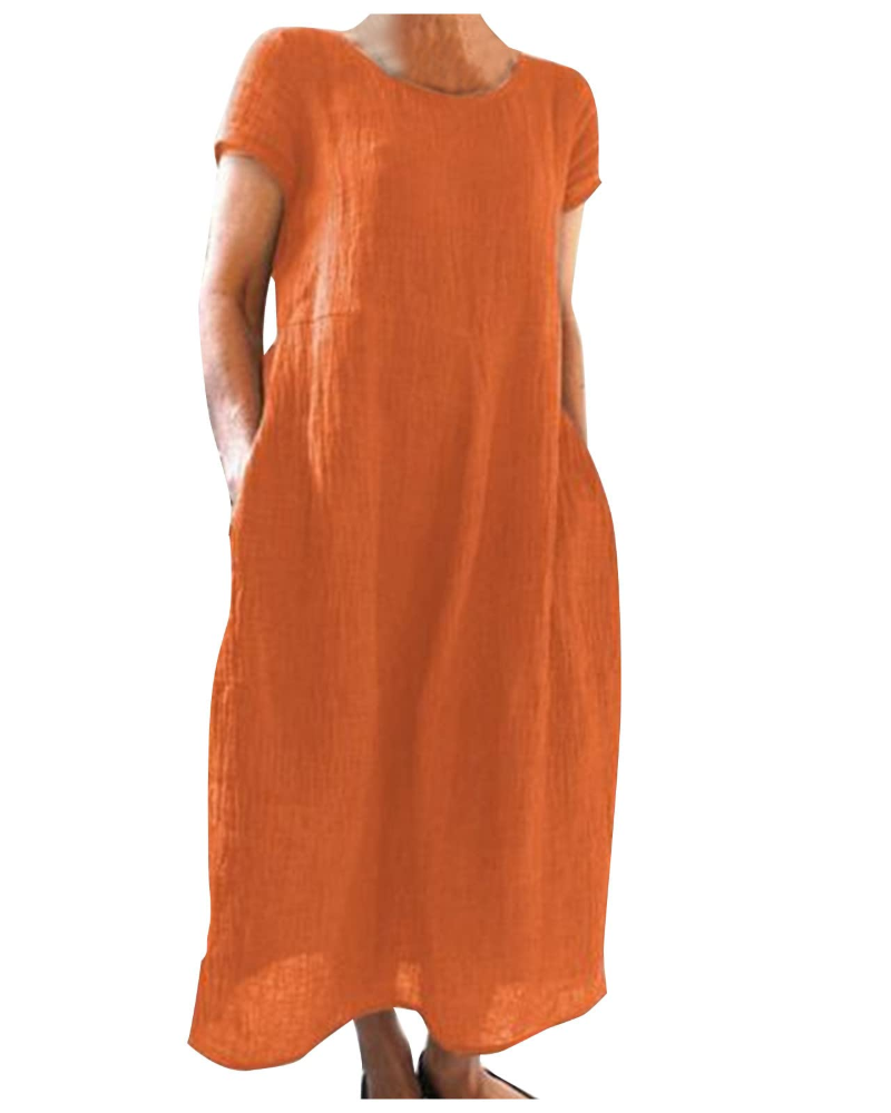 Women’s long linen-cotton dress, short sleeves, round neckline, orange, loose A-line