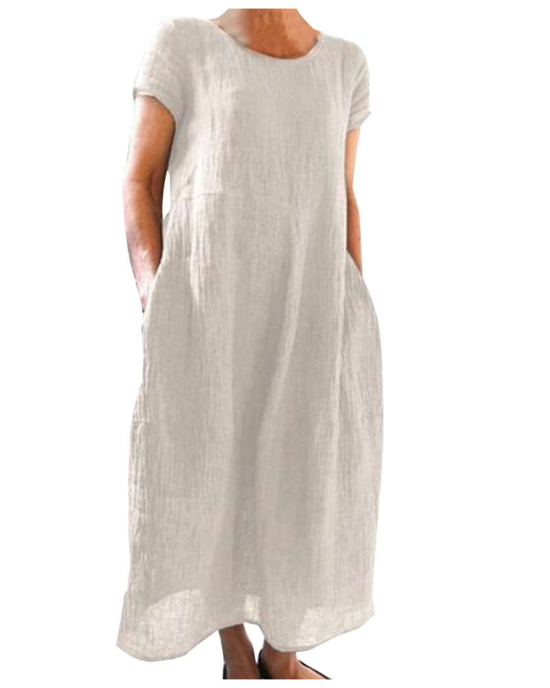 Women’s long linen-cotton dress, short sleeves, round neckline, off-white, loose A-line