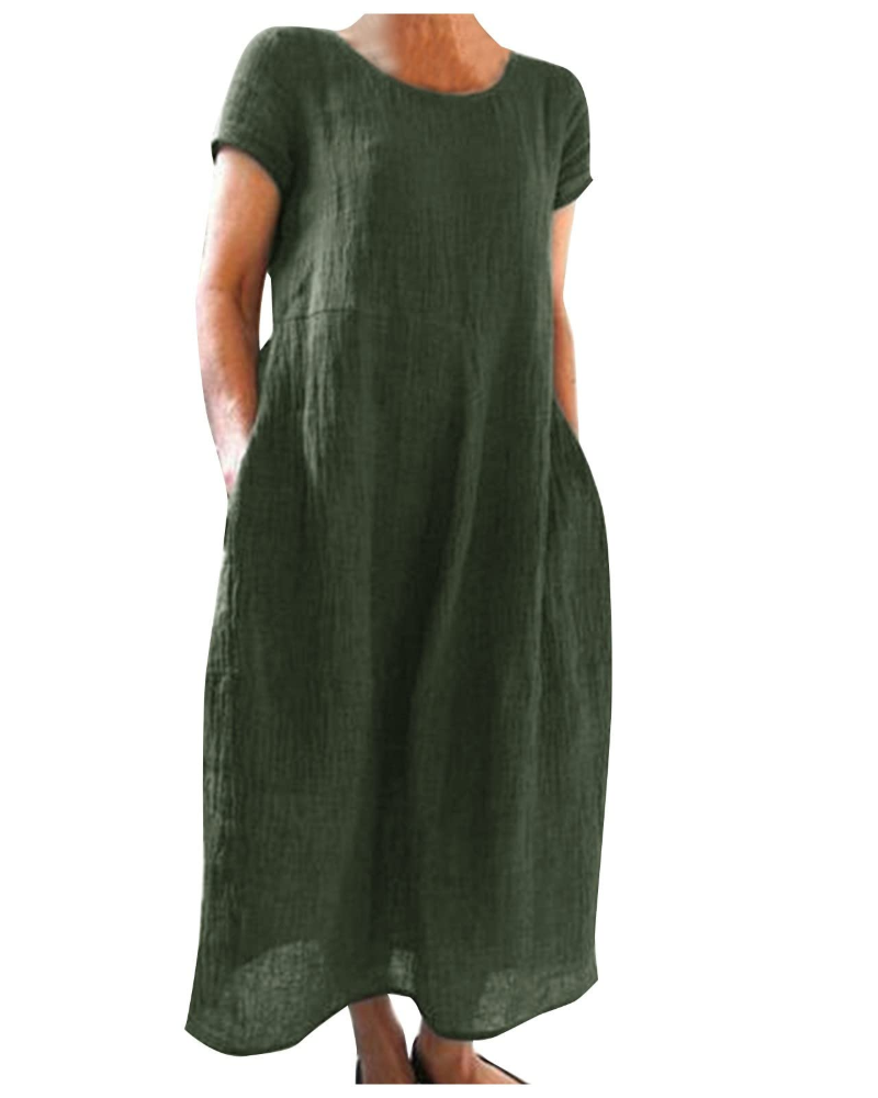 Women’s long linen-cotton dress, short sleeves, round neckline, dark green, loose fit