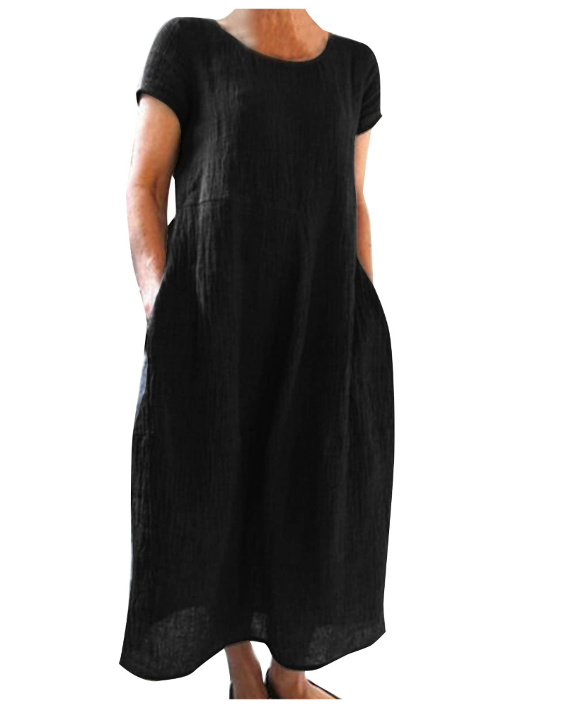 Women’s long linen-cotton dress, short sleeves, round neckline, black, relaxed A-line