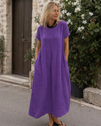 Purple long cotton-linen summer dress, short sleeves, round neck, relaxed fit