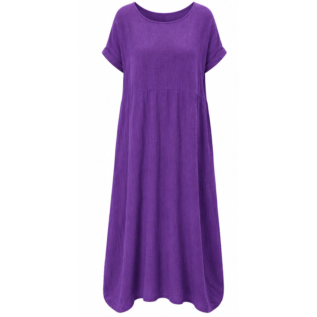 Women’s purple short-sleeve long dress with gathered waist and round neckline