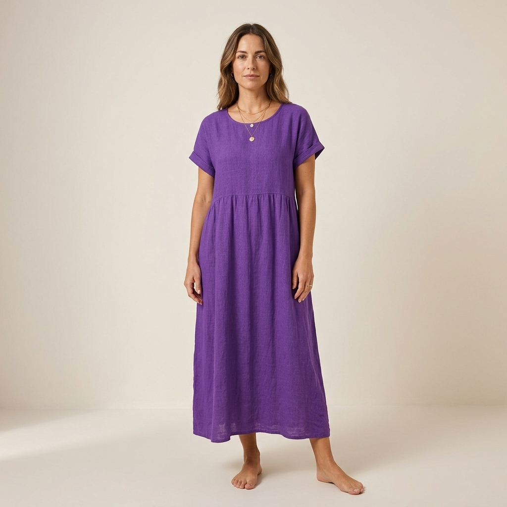 Purple long summer dress with short sleeves, round neckline, gathered waist