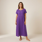 Purple long summer dress with short sleeves, round neckline, gathered waist