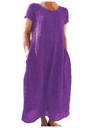 Purple long cotton-linen summer dress, short sleeves, round neck, back view
