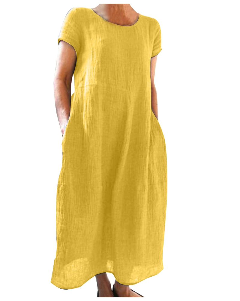 Mustard yellow long cotton-linen summer dress, short sleeves, round neck, relaxed fit