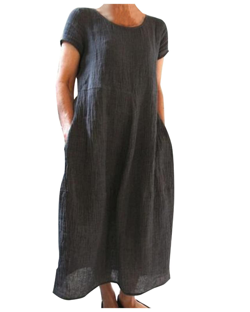 Dark gray long cotton-linen summer dress, short sleeves, round neck, relaxed fit