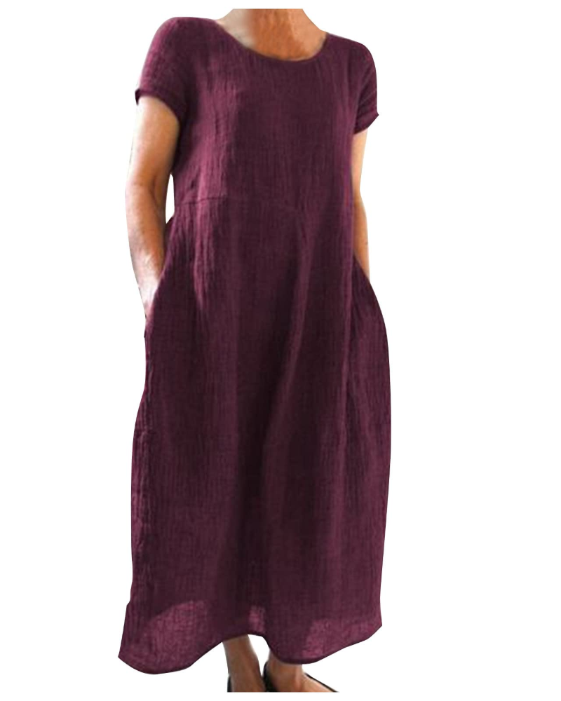 Burgundy long cotton-linen summer dress, short sleeves, round neck, relaxed fit
