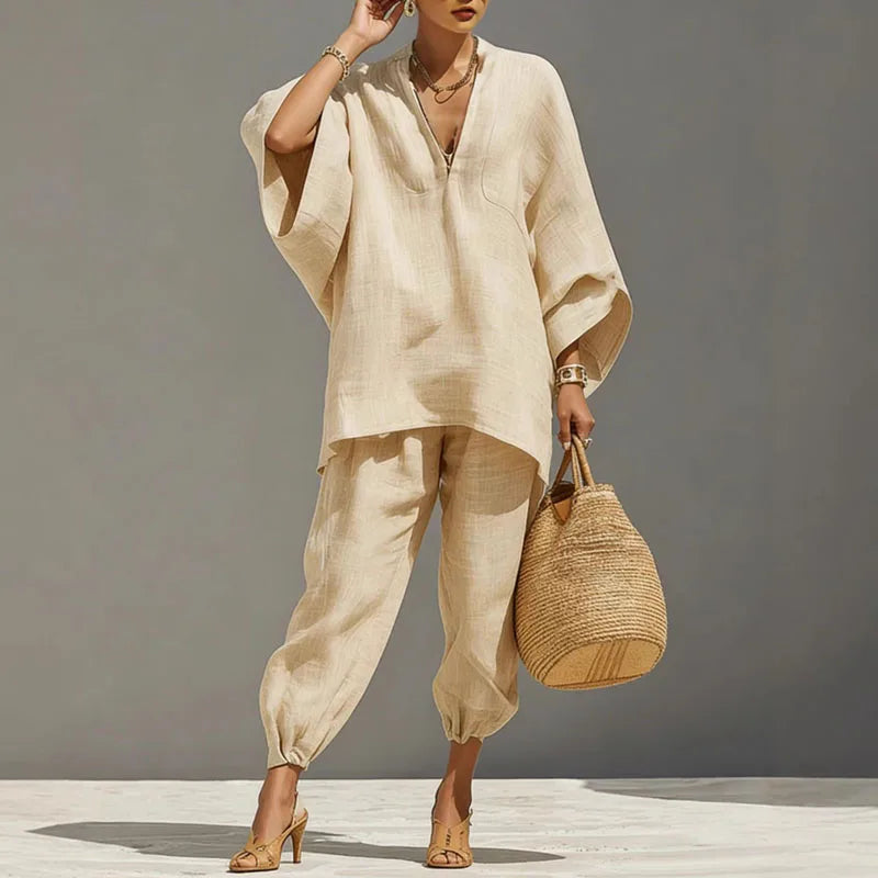 Apricot two-piece batwing blouse and relaxed pants set with side pockets