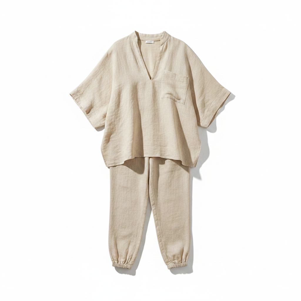 Apricot two-piece batwing blouse and relaxed joggers set, flat lay