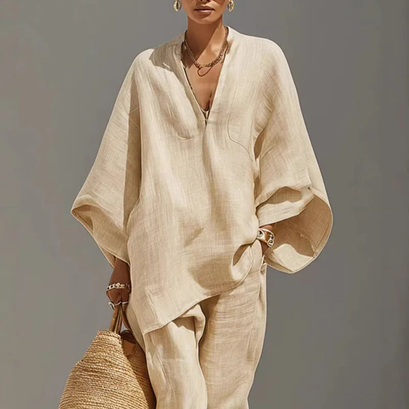 Apricot batwing tunic blouse with V-neck and relaxed joggers two-piece set