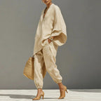 Apricot batwing tunic top and relaxed cropped jogger pants two-piece set