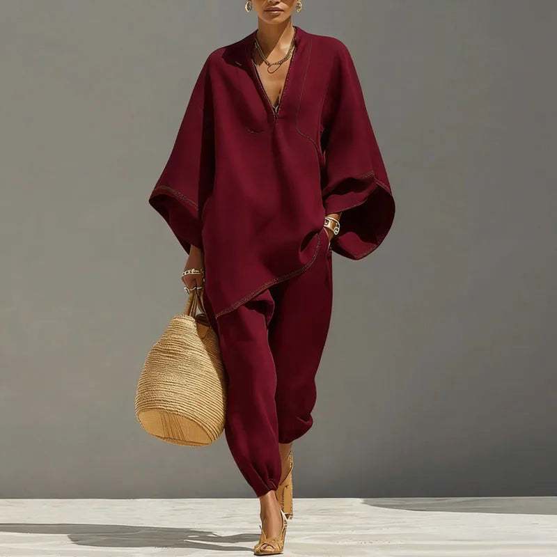 Burgundy batwing tunic blouse with V-neck and relaxed joggers two-piece set