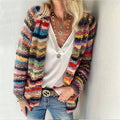 Multicolor rainbow stripe chunky knit open-front cardigan with textured sleeves