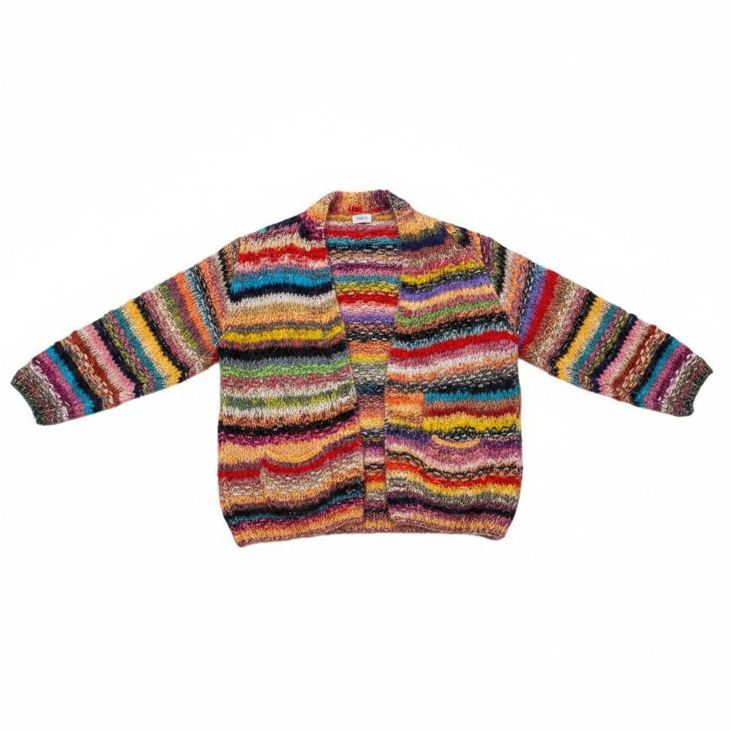 Multicolor rainbow stripe chunky knit open-front cardigan with ribbed cuffs