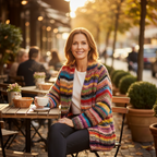Multicolor rainbow stripe chunky knit cardigan draped open front with long sleeves