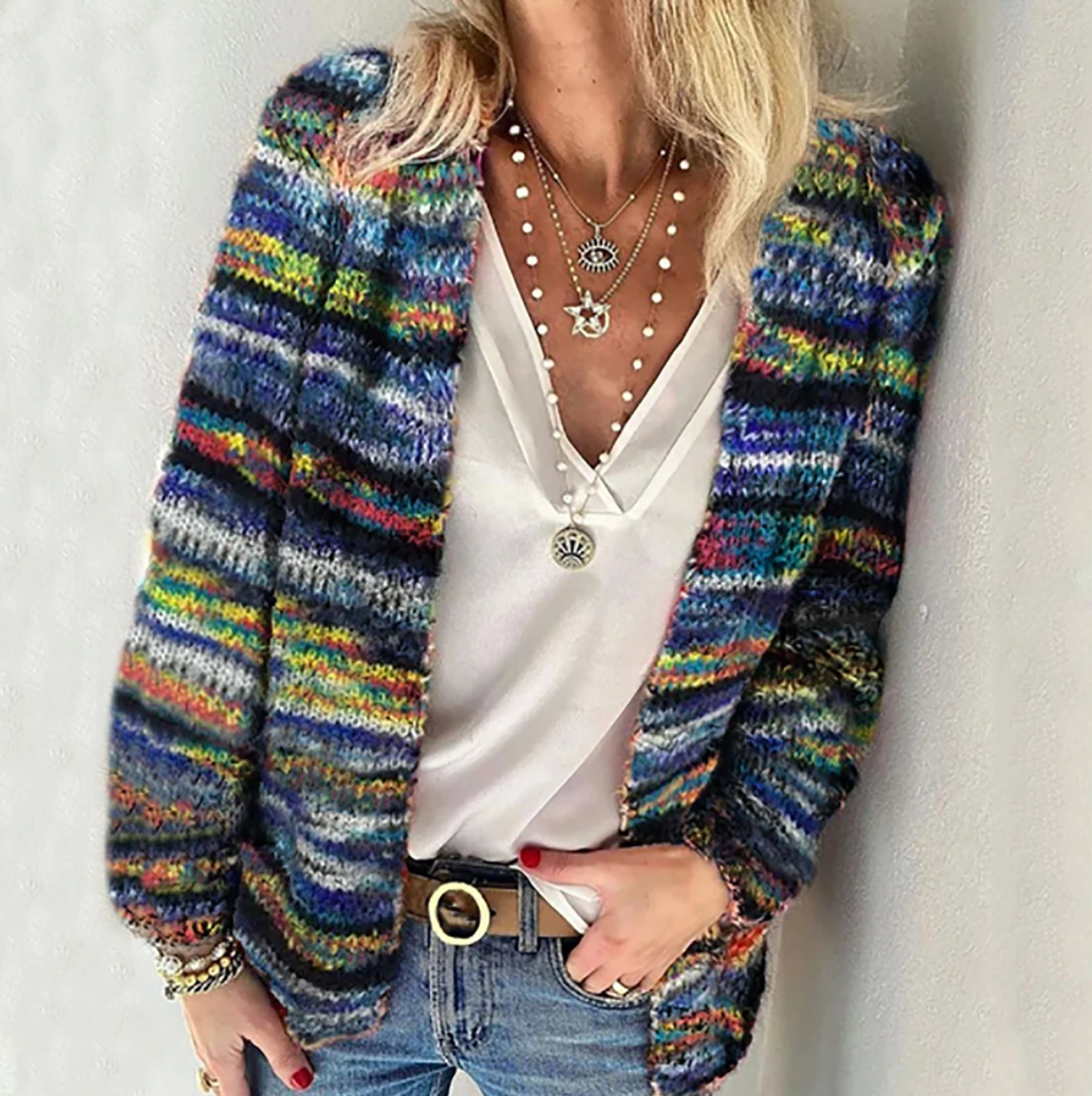 Multicolor rainbow stripe chunky knit open-front cardigan with ribbed hem
