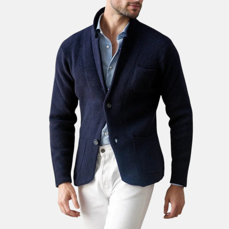 Men's navy blazer jacket with notch lapels, button front, and flap pockets