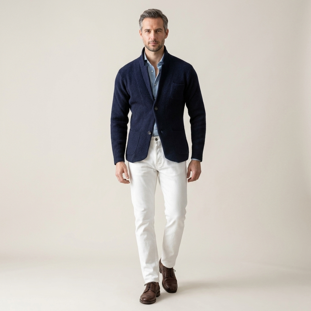Men's vintage blazer jacket in navy blue with stand collar, button front, flap pockets