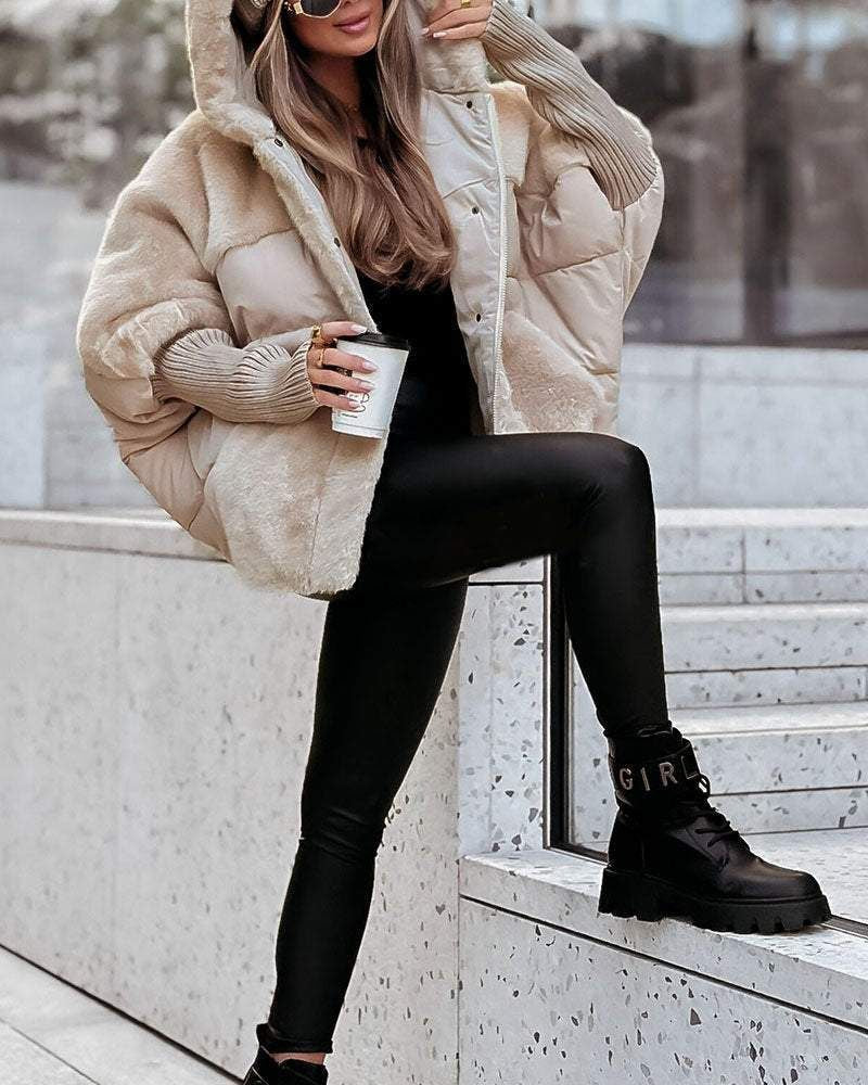 Apricot hooded puffer coat with faux-fur trim, snap front, and ribbed knit cuffs