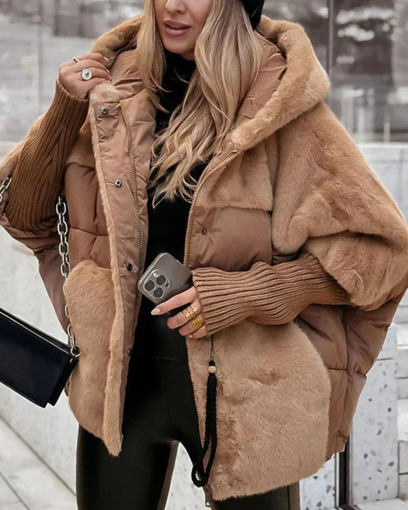 Brown hooded puffer coat with faux-fur hood lining, snap front, and ribbed sleeves
