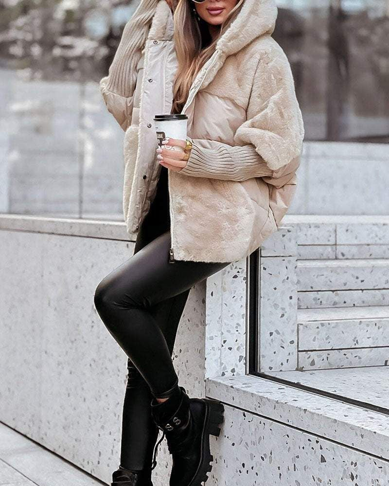 Apricot hooded puffer coat with faux-fur trim, front zipper, and ribbed cuffs