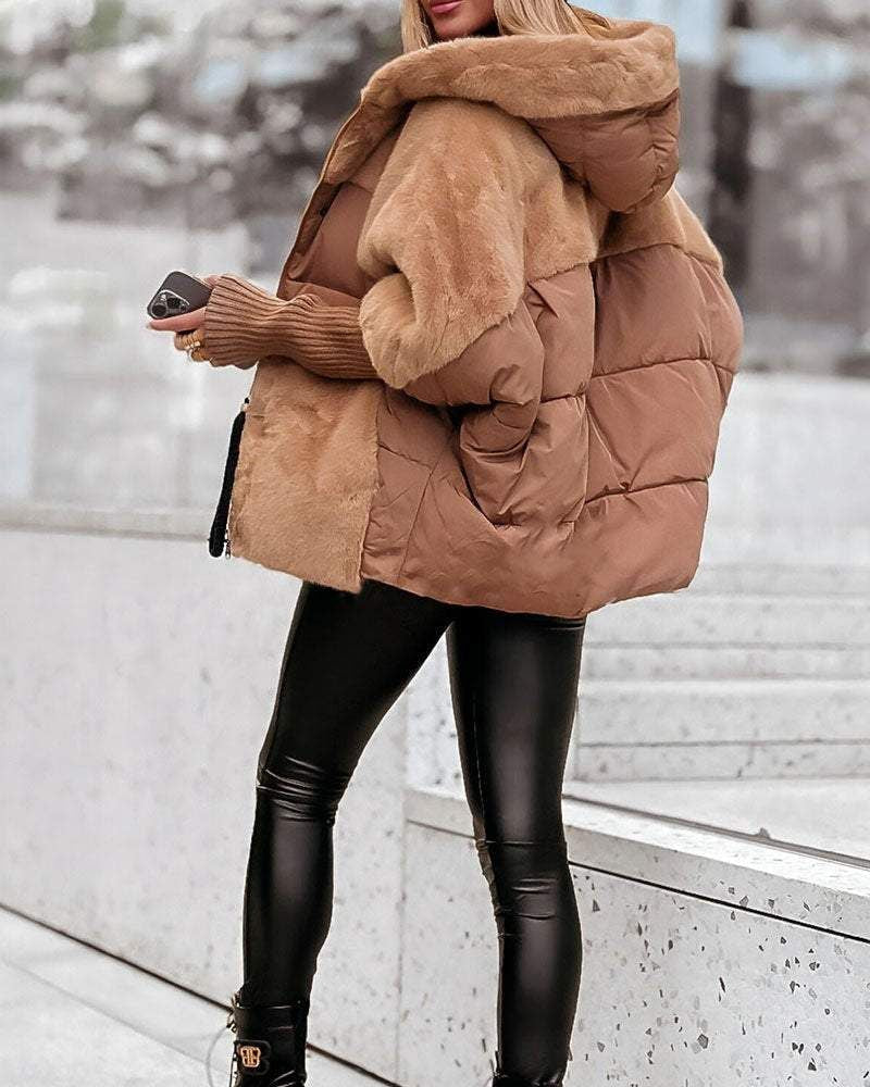 Brown hooded puffer coat with faux-fur hood trim and snap front