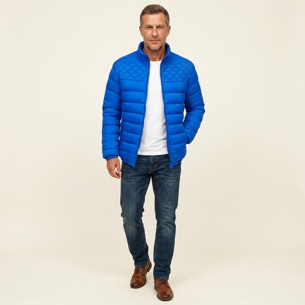 Men's blue insulated water-repellent winter jacket with quilted puffer design