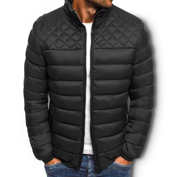 Men's quilted puffer winter jacket in black with full zip and stand collar.