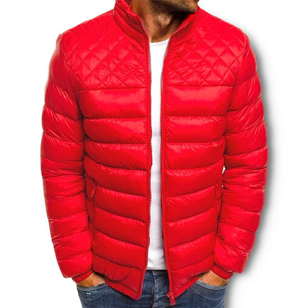 Men's quilted puffer winter jacket in red with full zip and stand collar.