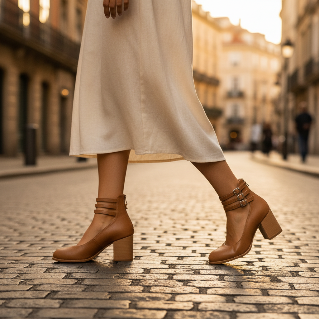 Brown triple-buckle block heel ankle strap pumps standing view with three buckle straps.
